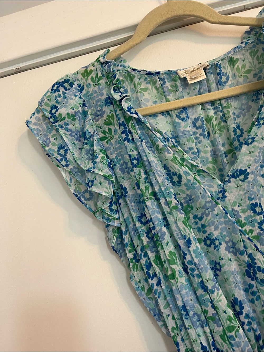 Shoshanna Edelie Dress Blue Green Floral V-Neck Ruffle Mini Dress size 8 - Picture 3 of 7